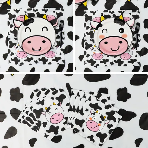 Miniatura 5 de Suministros de fiesta con estampado de vaca: platos con forma de vaca, servilletas con patrón, tenedores, cubierta de mesa para cumpleaños de niñas