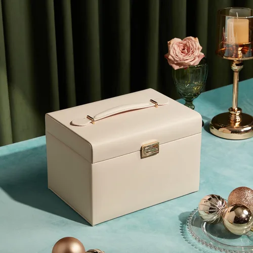 Miniatura 6 de Vlando Caja organizadora de joyas de terciopelo para mujer caja grande de almacenamiento de joyas de cuero con cerradura espejo 3 cajones para reloj
