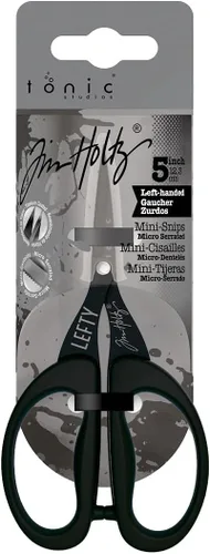 Tim Holtz Tijeras para zurdos, mini tijeras de 5 pulgadas con hoja micro dentada, herramienta de artesanía zurda para cortar papel, tela y costura,
