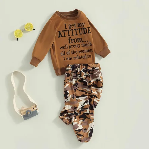 Miniatura 35 de Mandizy Conjunto de ropa de otoño para bebé niña pequeña, sudadera de manga larga con estampado de letras bendecidas, pantalones de camuflaje
