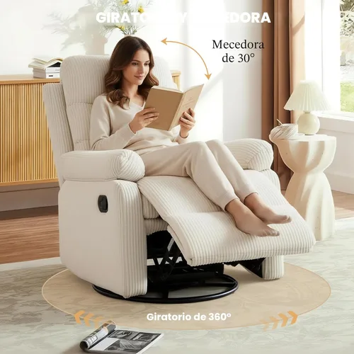 Miniatura 6 de Silla reclinable mecedora, moderna silla reclinable giratoria, sillón reclinable de tela de pana, sillón reclinable manual para sala de estar, Beige