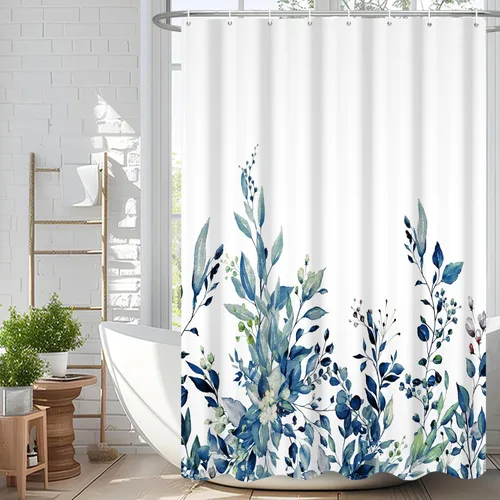 Miniatura 39 de Cortina de ducha de eucalipto verde salvia Velaequezii con plantas de acuarela, hojas botánicas de primavera impresas, cortina de baño impermeable