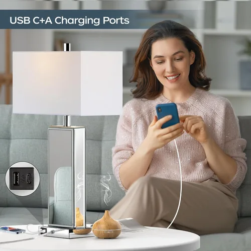 Miniatura 10 de Juego de 2 lámparas de mesa modernas con control táctil, lámpara de noche de espejo plateado con gran cristal de diamante, con puertos USB C+A