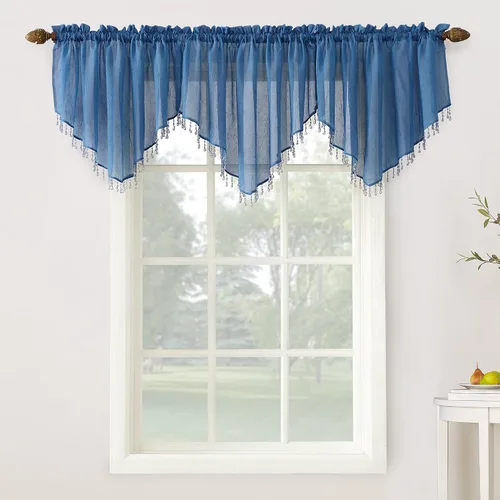 No. 918 Erica - Juego de 3 cortinas Ascot de gasa triturada con cuentas transparentes con bolsillo para cortinero Azul