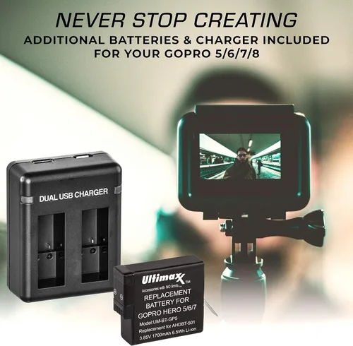 Miniatura 7 de Ultimaxx Cargador de batería USB dual para GoPro HERO 5, 6, 7 y 8 baterías con 2 baterías de repuesto de vida prolongada (1700 mAh, 3,85 V, 6,5 Wh)