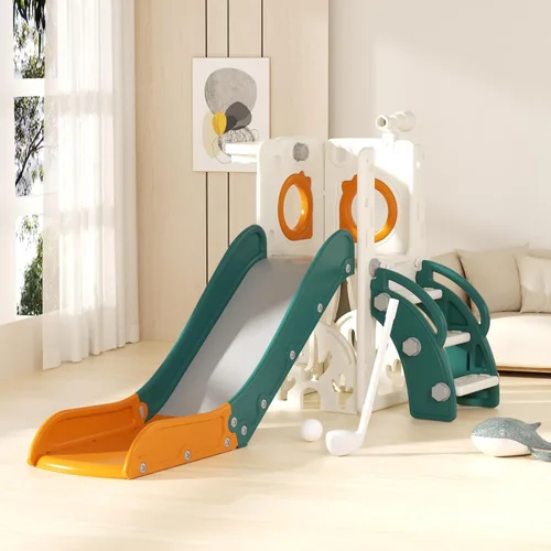 Miniatura 7 de KORIMEFA Tobogán infantil 7 en 1, tobogán infantil para bebés de 1 a 3 años, para interiores y exteriores, con aro de baloncesto y juego de golf