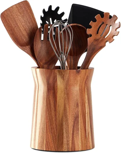 Miniatura 9 de Soporte para utensilios de madera de acacia para encimera de cocina, giratorio de 360° de 7.2 pulgadas, recipiente de madera para utensilios