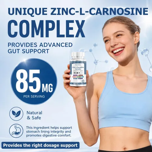 Miniatura 2 de Zinc L Carnosine Complex 85 mg, suplemento de apoyo para la salud digestiva e intestinal 11 en 1, con mezcla calmante de extracto de hierbas