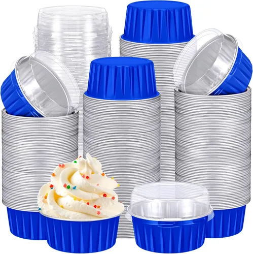 Miniatura 16 de Gejoy 400 Piezas Moldes de Papel de Aluminio para Hornear con Tapas 5 oz Moldes Desechables Ramekins Mini Moldes para Pasteles Crème Brûlée Moldes