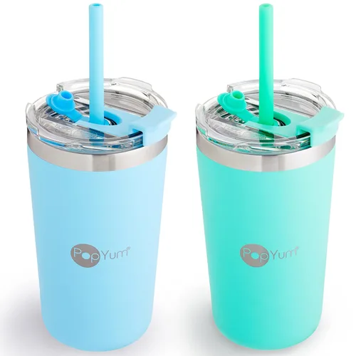 Miniatura 12 de PopYum - Vasos de acero inoxidable para niños, 9 onzas, morado, rosa, paquete de 2 Aislado, aspiradora de doble pared, tapa y pajilla, apilable, a