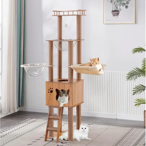 Árbol de madera para gatos de 61 pulgadas con condominio para gatos, postes rascadores de escaleras para gatos, 2 cuencos, postes rascadores de
