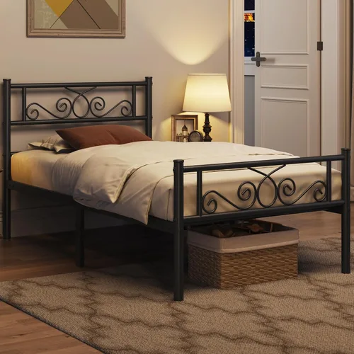 Miniatura 3 de Yaheetech - Base de cama, plataforma clásica de metal con cabecera y estribo - base de colchón con diseño floral para adultos, niñas, niños - Negro