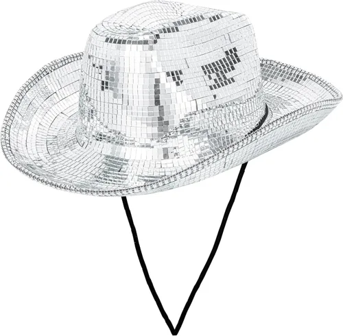 Sombrero de vaquero de bola de disco para hombres y mujeres, con purpurina brillante, color plateado, sombrero de vaquera con espejo