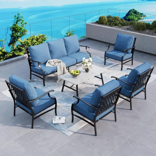 Miniatura 26 de SUNSHINE VALLEY Juego de muebles de patio al aire libre de 7 piezas, moderno juego de conversación de patio exterior con cojín extra grueso de 5.75