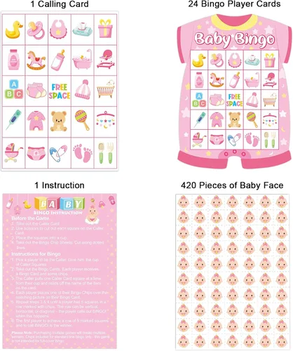 Miniatura 2 de Tarjetas de bingo para baby shower para 24 jugadores, suministros de actividades para fiesta de bingo de bebé recién nacido rosa