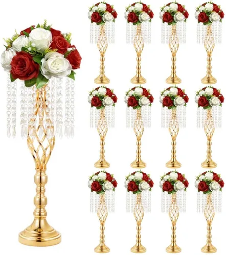 Miniatura 8 de 6 piezas 21.65 pulgadas Jarrones de flores dorados para boda, jarrones de metal con cristal para centros de mesa, jarrones de boda para decorar mesas