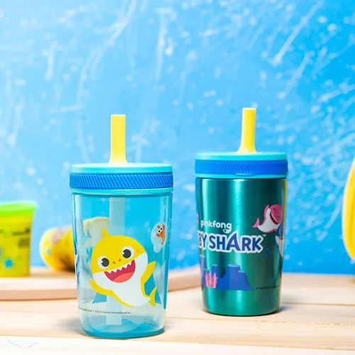 Miniatura 2 de Zak Designs Baby Shark Kelso - Juego de vasos con tapa de rosca a prueba de fugas con pajilla, paquete para niños, incluye vasos de plástico y acero