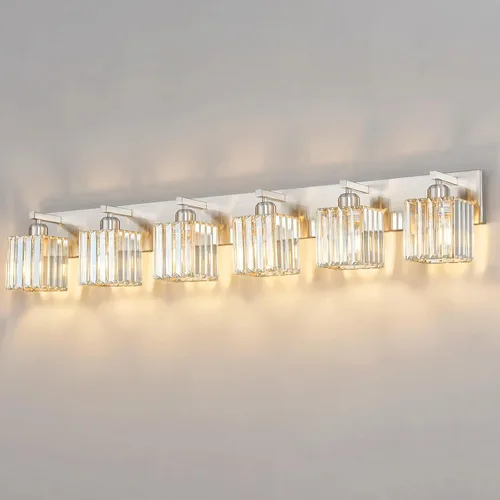 Miniatura 50 de Lámpara de tocador moderna de 2 luces de níquel cepillado, lámpara de tocador de cristal, luz de pared de baño, accesorios de iluminación de baño