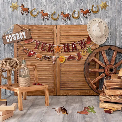 Miniatura 5 de Sinmoe 5 unidades de decoraciones de fiesta occidental de Yee Haw vaquero banderines del salvaje oeste banderín banderines colgantes para vaquero