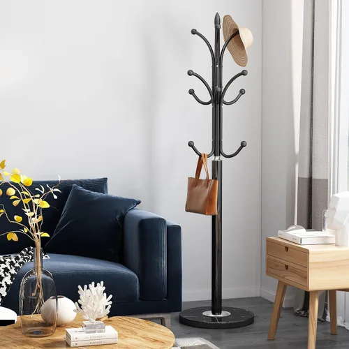 Miniatura 5 de Perchero de metal independiente resistente con base de mármol natural, moderno perchero para sombreros de árbol con 12 ganchos para entrada