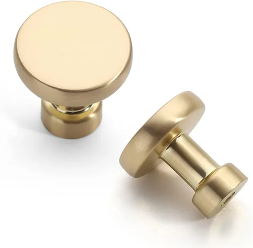 Miniatura 2 de Amerdeco - Paquete de 10 pomos de cocina de latón cepillado para armarios con un solo orificio, tiradores redondos dorados para cajones, pomos