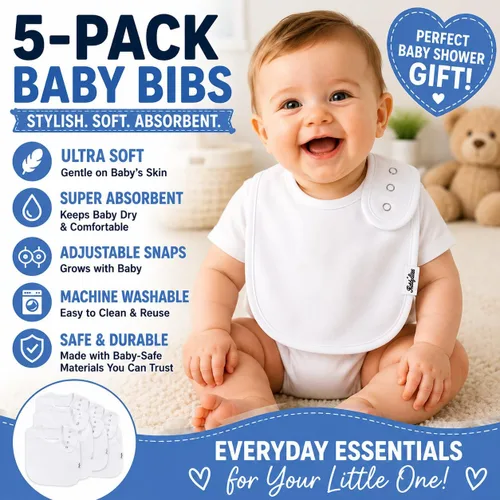 Miniatura 2 de KiddyStar Drool Bibs for Babies – Organic, Unisex, Soft Absorbent Teething Bibs with Adjustable Snaps Paquete de 5 baberos blancos