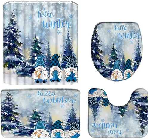 Miniatura 35 de Juego de 4 cortinas de ducha de muñeco de nieve con alfombra, diseño de árbol de pinos de invierno, lindo muñeco de nieve azul, juego de baño