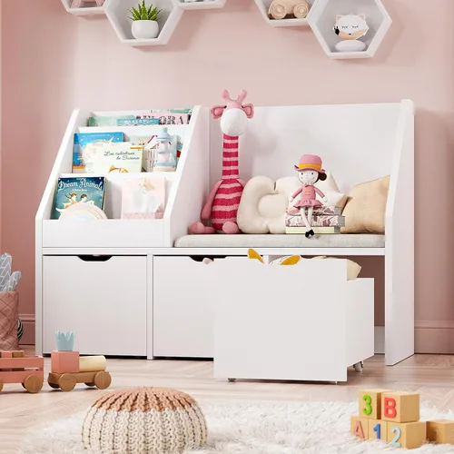 Miniatura 4 de Rincón de lectura para niños de 40 pulgadas con banco, organizador de almacenamiento de juguetes y estantería con cojín de asiento, estantería