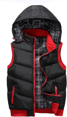 Miniatura 47 de WENKOMG1 Chaleco con capucha con doble cremallera para hombre, abrigo de color sólido, abrigo cálido y grueso, sin mangas, chaqueta suelta