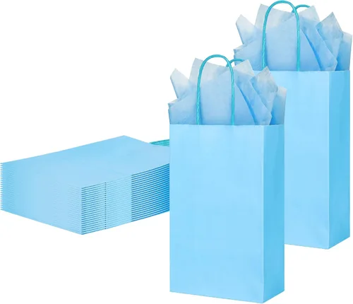 Miniatura 7 de DjinnGlory Paquete de 24 pequeñas bolsas de regalo de papel azul con asas de 9 x 5.5 x 3.15 pulgadas y 24 papel de regalo de seda para negocios
