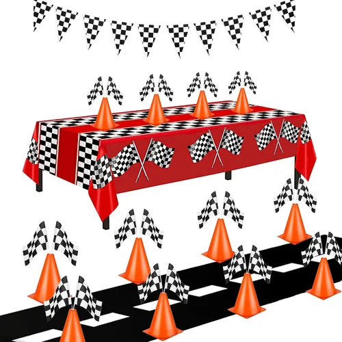 Miniatura 14 de Paquete de 6 conos de carreras naranjas de 7 pulgadas con agujeros en la parte superior, paquete de 12 banderas a cuadros, decoraciones de fiesta