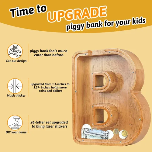 Miniatura 7 de Alcancía para niños y niñas, alcancía grande de madera personalizada con diseño recortado, bancos de monedas con letras del alfabeto, caja de ahorro
