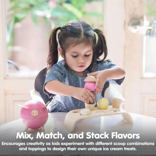 Miniatura 5 de PlanToys® Juego de helado de madera para niños Incluye soporte, cucharas y conos Comida de juego de simulación de postres para niños pequeños