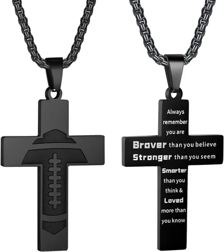 Collar de cruz de fútbol para niños, colgante de cruz de versículo bíblico inspirador, cadena de acero inoxidable de 22 + 2 pulgadas, joyería