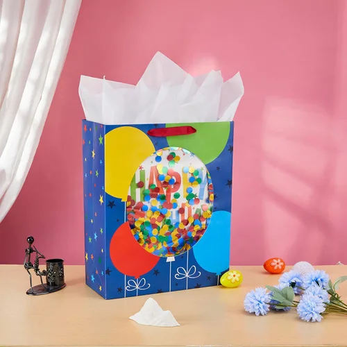 Miniatura 6 de SUNCOLOR Bolsa de regalo extragrande con ventana de confeti, papel azul, 15.7 x 12.6 x 5.7 pulgadas, diseño de globos de cumpleaños, incluye papel