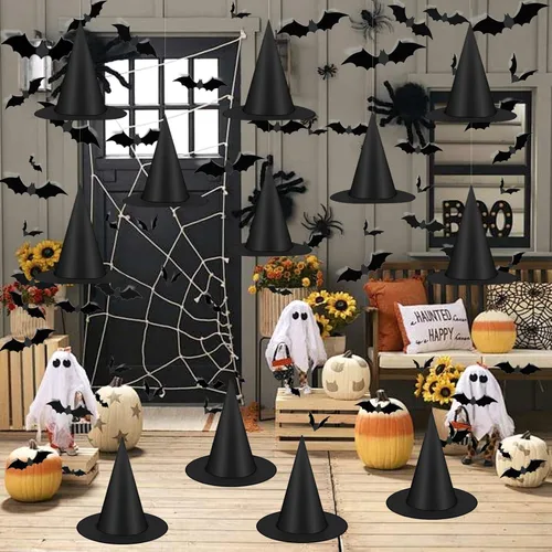 Miniatura 3 de Famoby 12 sombreros de bruja negros de Halloween con cable de nailon de 157 pies y 120 calcomanías de murciélago para interiores y exteriores