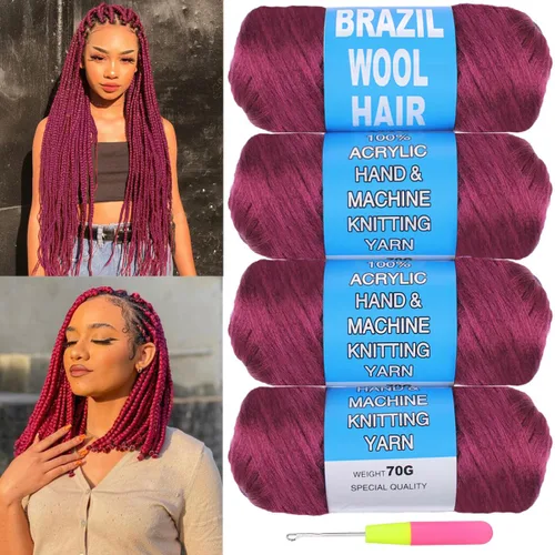 Miniatura 12 de COOKOO 2 rollos de hilo de lana brasileña color negro natural para cabello trenzado de ganchillo, trenzas, torsión, urdimbres, torsión senegalesa