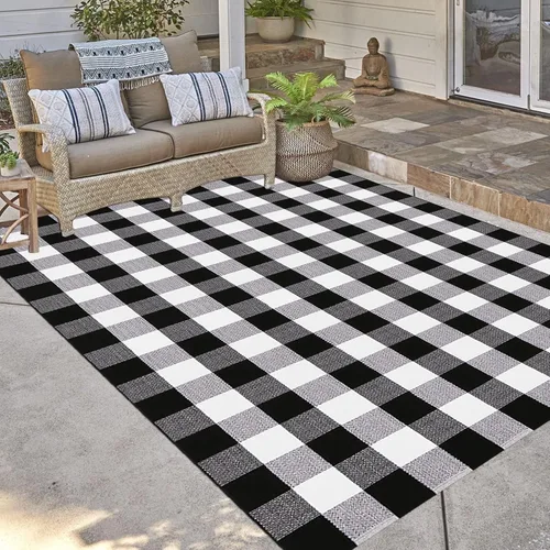 Alfombras a cuadros escoceses blancos y negros, 5 x 7 pies, lavable, algodón tejido, interior y exterior, decoración de casa de campo, patio, porche