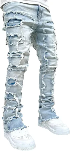 Miniatura 3 de Jeans apilados para hombre, pantalones de mezclilla rectos desgastados desgastados, ajustados sólidos rasgados, pantalones cargo Harajuku
