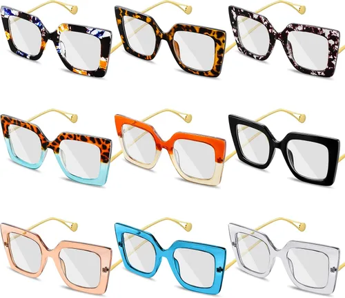 Kingdder Paquete de 9 anteojos de gran tamaño para mujer, anteojos cuadrados con bloqueo de luz azul, elegantes anteojos de lectura para computadora