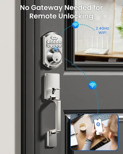 Miniatura 3 de TEEHO TE012W-H - Cerradura de puerta con teclado WiFi con asa, cerraduras inteligentes de huellas dactilares, entrada sin llave para puerta Níquel