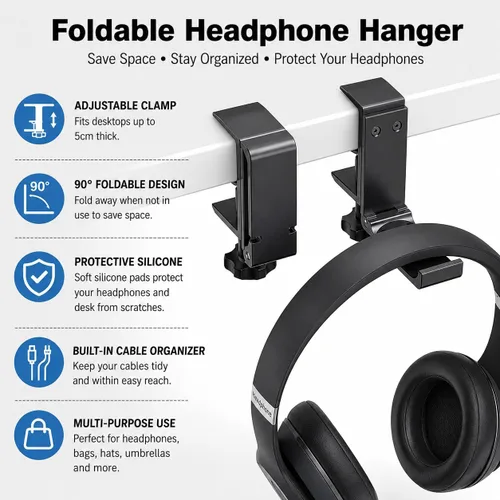 Miniatura 2 de Soporte de aluminio para auriculares debajo del escritorio, soporte plegable para auriculares con organizador de cables, gancho ajustable