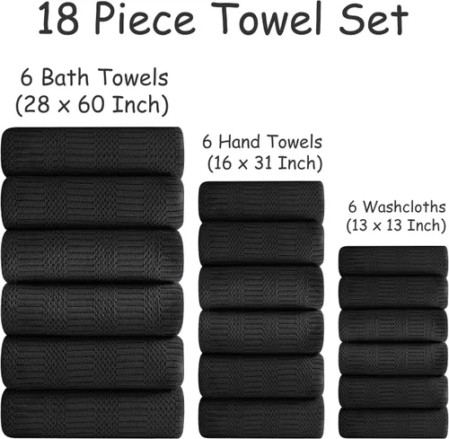 Miniatura 5 de 18 piezas de toallas tejidas negras familiares - 6 sábanas de baño, 6 toallas de mano, 6 toallitas de poliéster suave, toallas de ducha absorbentes