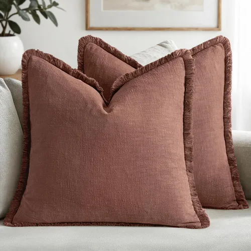 Miniatura 54 de MIULEE Juego de 2 fundas de almohada decorativas de lino neutro con flecos, fundas de cojín de estilo bohemio con borlas para sofá, cama, sala