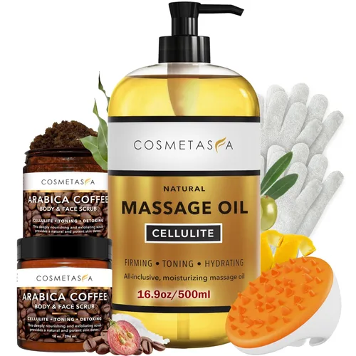 Cosmetasa Kit de aceite de masaje – Aceite de masaje anticelulitis con café arábica orgánico exfoliante facial y corporal, guantes exfoliantes,