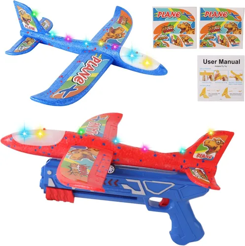 Juguete lanzador de avión de espuma | 2 aviones planeadores de espuma para niños | Juguete de avión para niños con luces LED | Dos modos de vuelo -