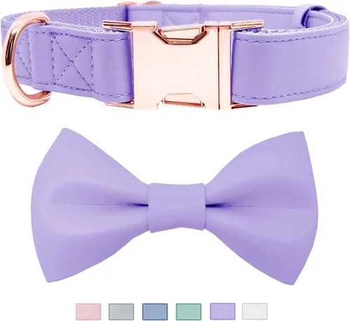 Miniatura 14 de Collar de cuero suave para perro, ajustable, lindo collar de pajarita [fácil de limpiar] con elegante hebilla de metal resistente de oro rosa