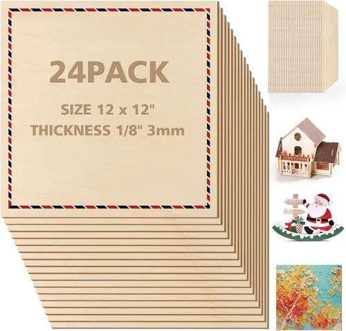 Adrattnay Hojas de Tilo de 3mm - 3/8 x 30,5 x 30,5 cm, 24 piezas de madera contrachapada cuadrada de tilo para corte láser y grabado DIY, grabado