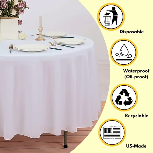 Miniatura 4 de Paquete de 6 manteles redondos de papel de 82 pulgadas para fiestas, desechables, color blanco, cubierta redonda con respaldo de plástico