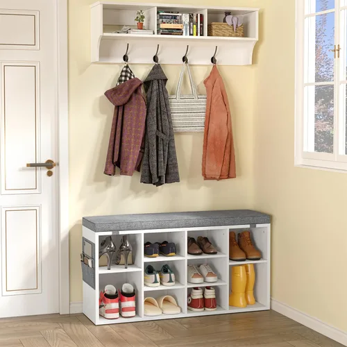 Miniatura 17 de GAOMON Banco de almacenamiento de zapatos de entrada con 10 cubículos, zapatero con cojín, estante ajustable de 3 niveles para entrada, sala